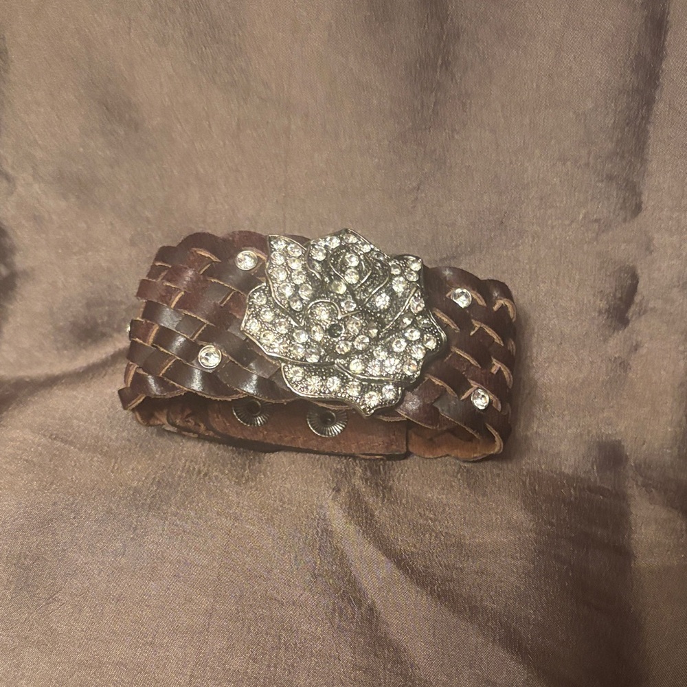 Brown Leather Bracelet with Silver Rose Accent diamond stones